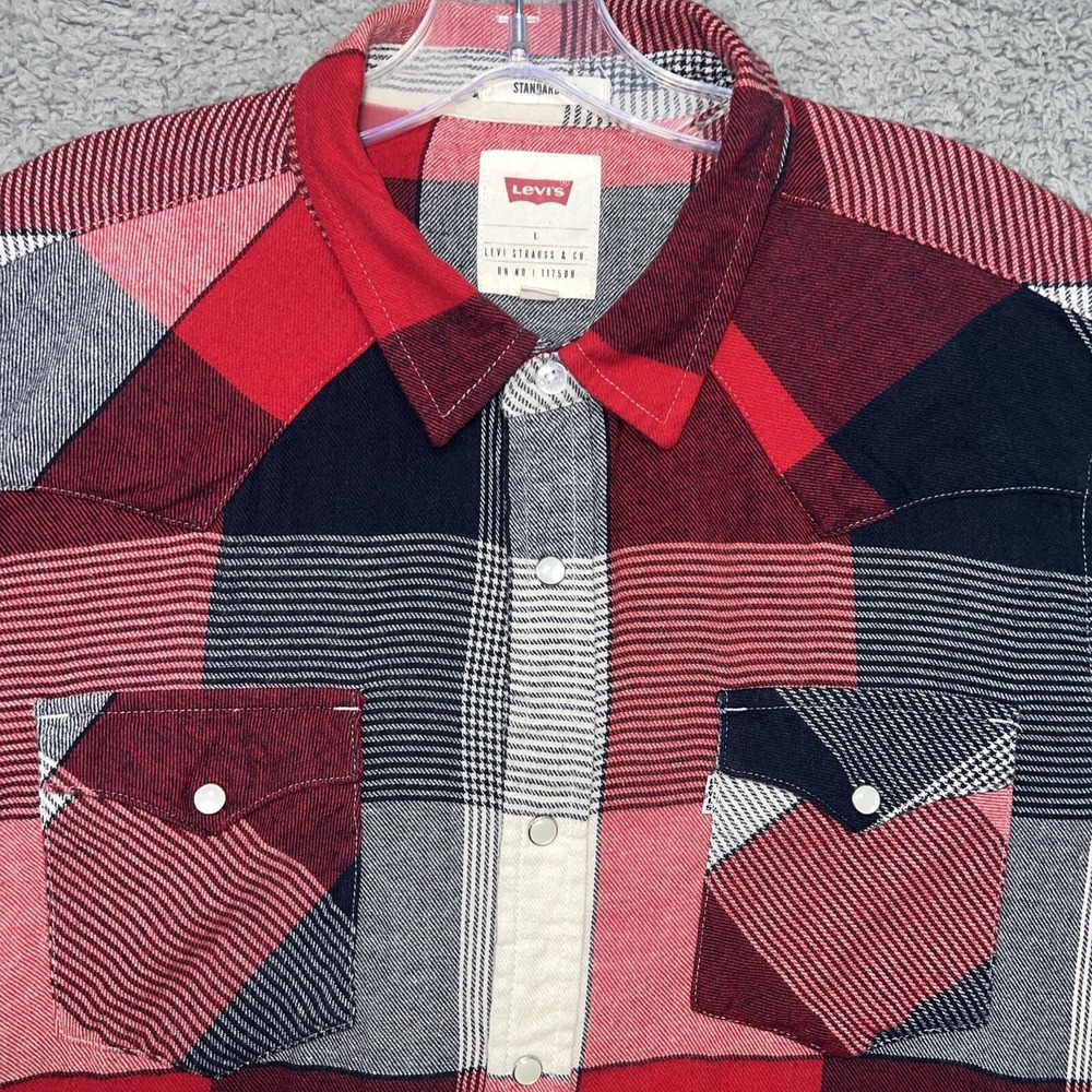 Levi's Shirt Men Sz L Red Blue Block Flannel Pearl Snap Western Rodeo Work Levis